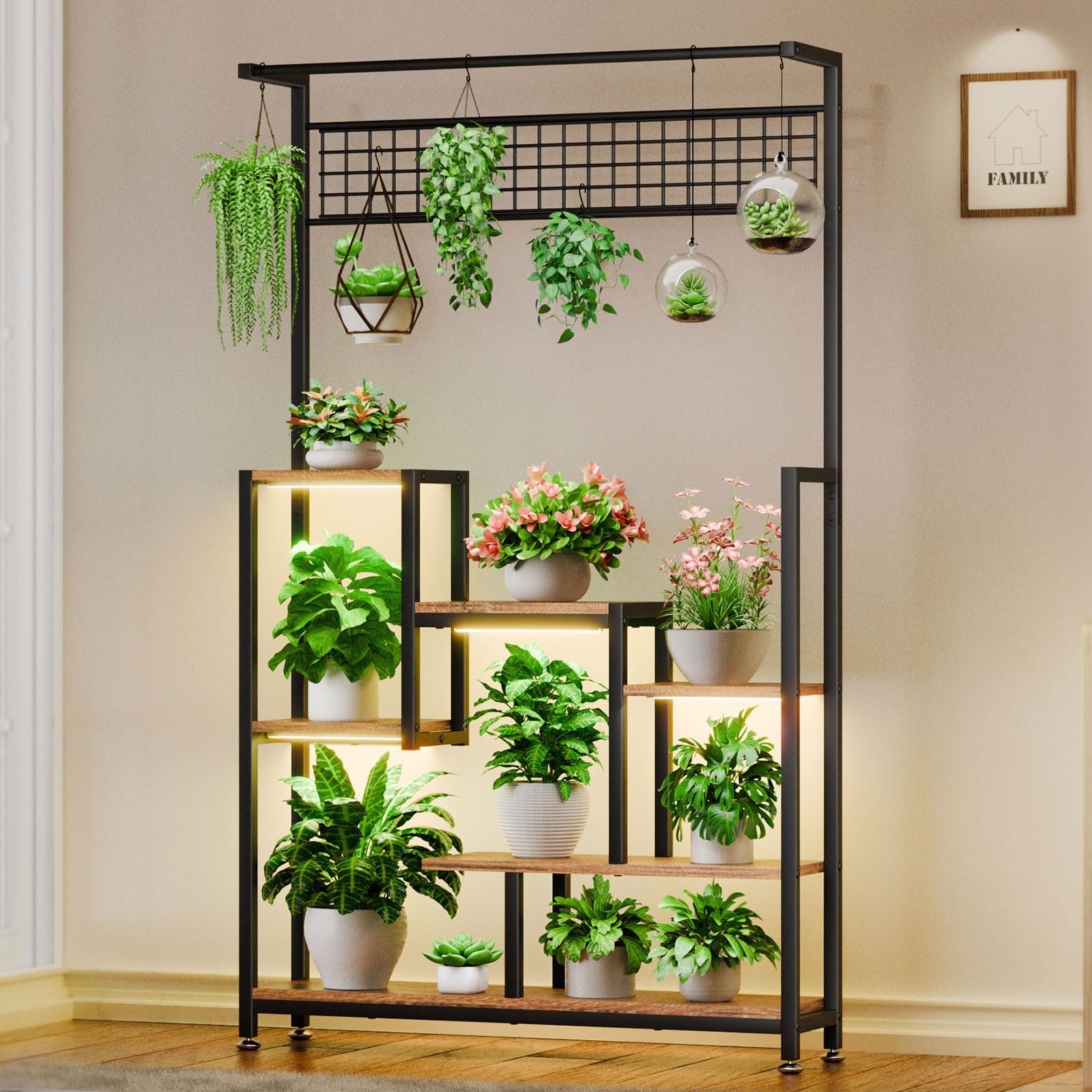 Bookcase Wood Shelf - モダンなガーデンリビングルーム用メタル木製収納本棚、鉄製多層室内背高植物スタンド（グローライト付き）