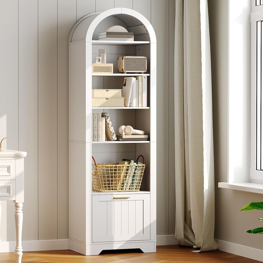 Bookcase Wood Shelf - 6段アーチ型木製本棚、調節可能な棚板付き、ホワイト、リビングルームまたはオフィス用