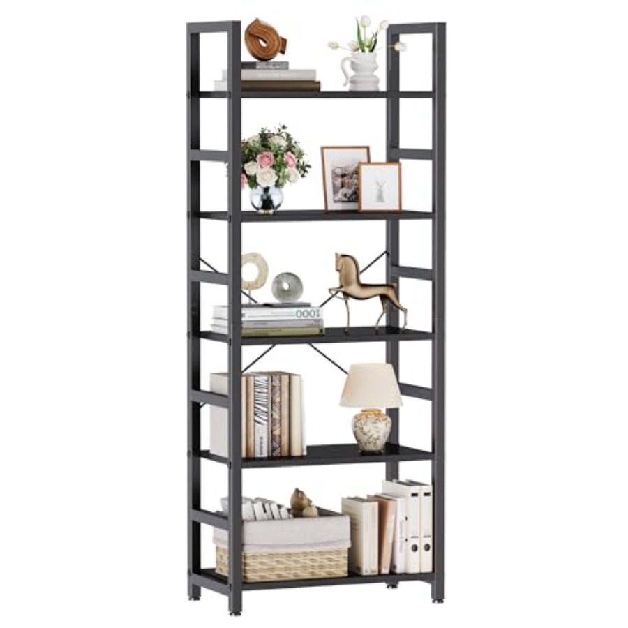 Bookcase Wood Shelf - 5段本棚、モダンな背の高い本棚、リビングルーム、寝室、ホームオフィス用のオープン収納ディスプレイ棚、狭いスタンディングシェルフ