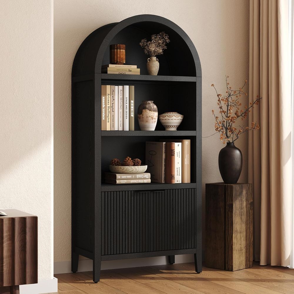 Bookcase Wood Shelf - Yusong 71インチ高アーチ型本棚、5段アーチ型ブックシェル、ブラックブックシェル、アーチ型キャビネットディスプレイキャビネット、ルートドゥーンド棚付き