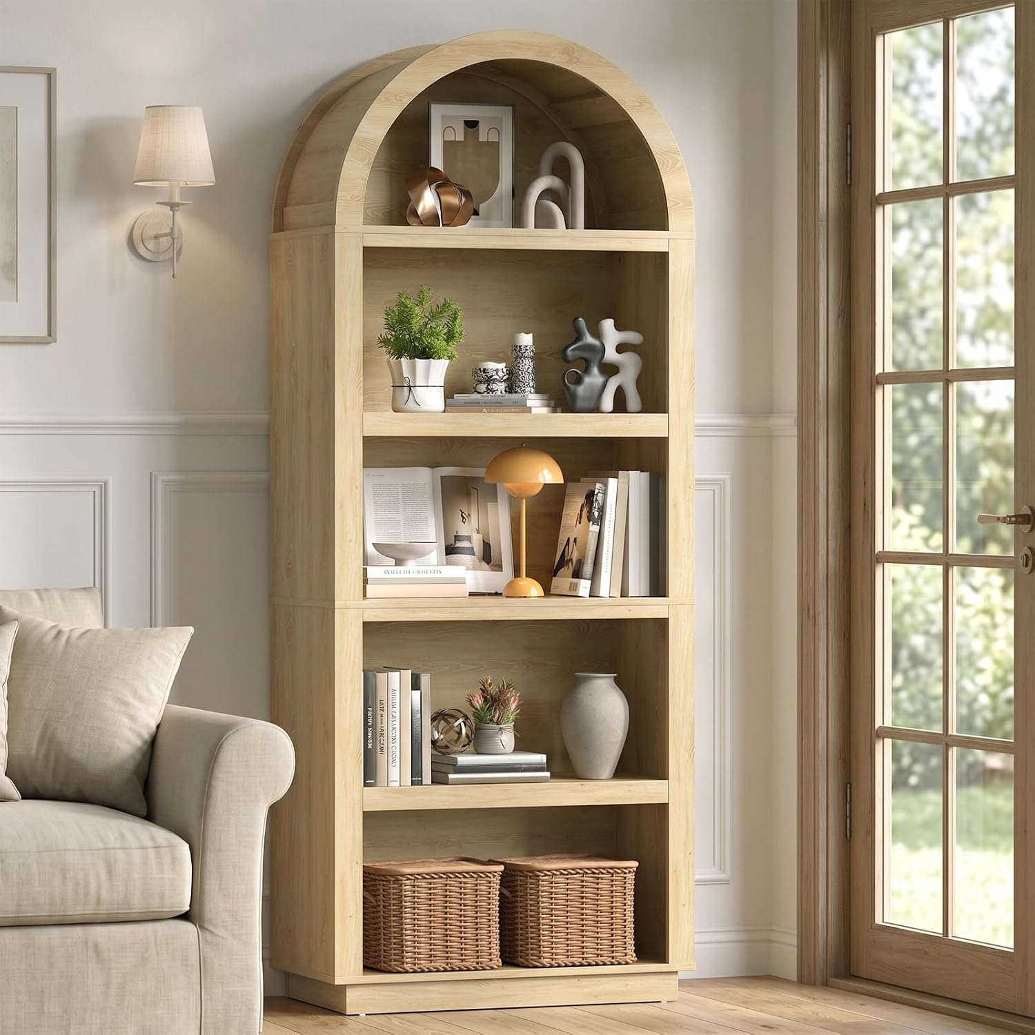 Bookcase Wood Shelf - Bestier 76インチ高さのアーチ型本棚、2段調節可能な棚付き、ナチュラルオーク | 調節可能な本棚、5段大型木製ブックケース