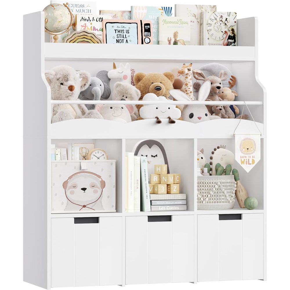 Bookcase Wood Shelf - 子供用おもちゃ収納オーガナイザー（本棚付き）、多機能本棚（3つの可動式おもちゃオーガナイザー付き）、子供部屋用、子供用本棚