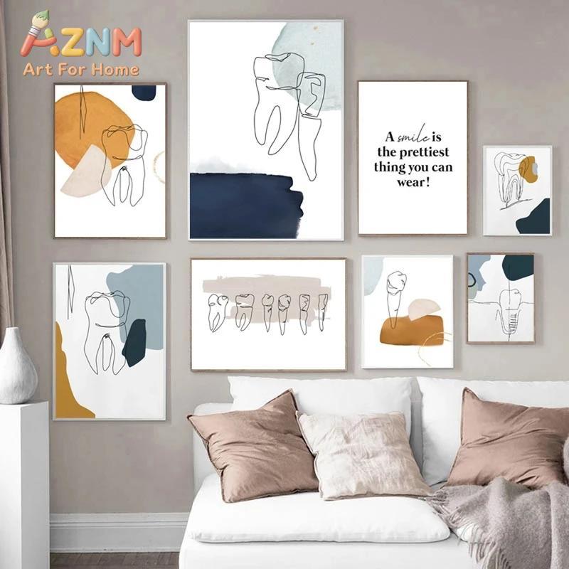 Home Office Quotes - AZNM 抽象的なラインアートの歯のキャンバスウォールアート、歯科医院の装飾、スマイルの引用句プリント絵画、歯科医のオフィスや家の装飾用 U