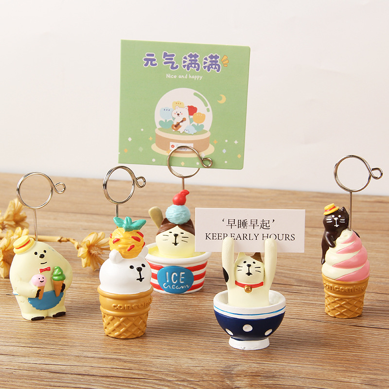 Sticky Note Dispenser - 夏のアイスクリームメッセージフォルダー猫ミニチュアシーン装飾オフィスデスクノートフォルダーフォトカードホルダーデスクアクセサリー