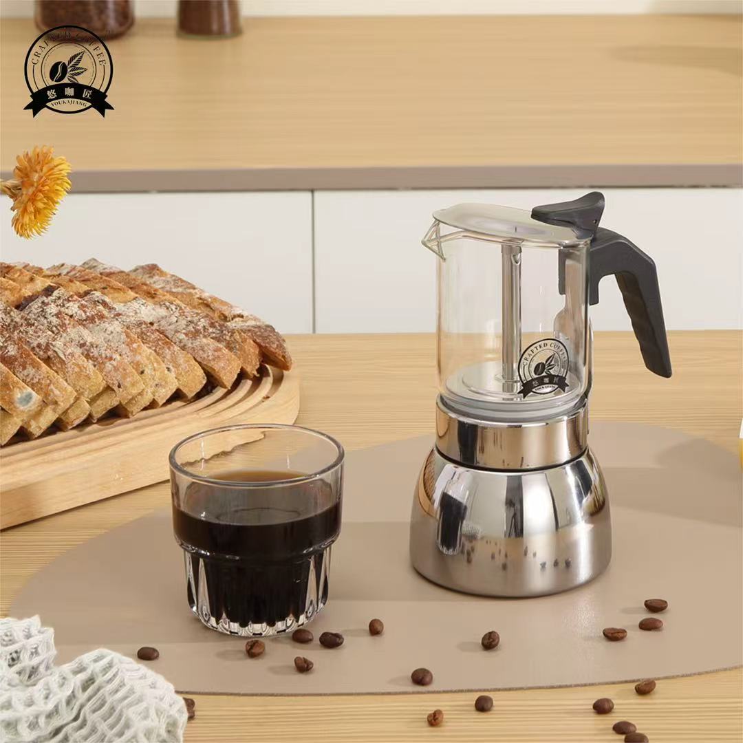 Home Office Moka - 4/6 シースルー モカ ポット: 高ホウケイ酸ガラスボディ、耐久性のある 430