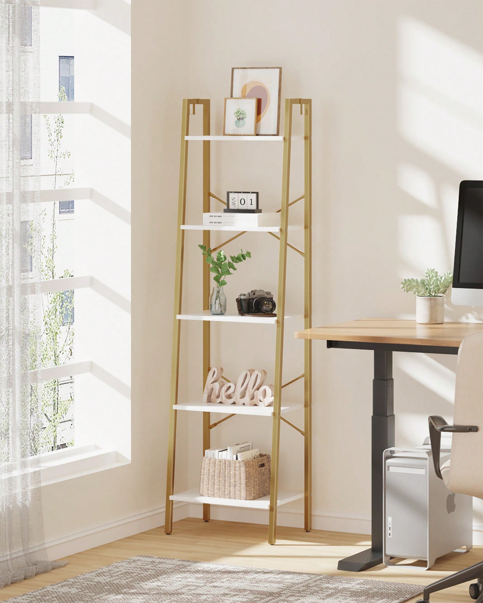 Bookcase Wood Shelf - 5段ラダーシェルフ モダン グラム ホワイトゴールド ブックシェルフ 本棚