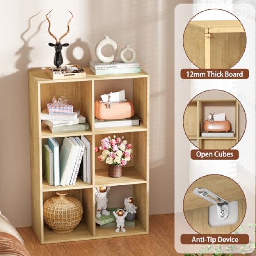 6キューブ収納オーガナイザー、背板付きオープンブックシェルフ - Bookcase Wood Shelf のレビューと価格