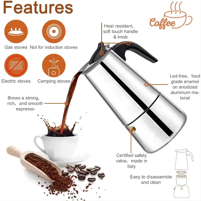 イタリア製ステンレススチールモカコーヒーポット エスプレッソ - Home Office Moka のレビューと価格