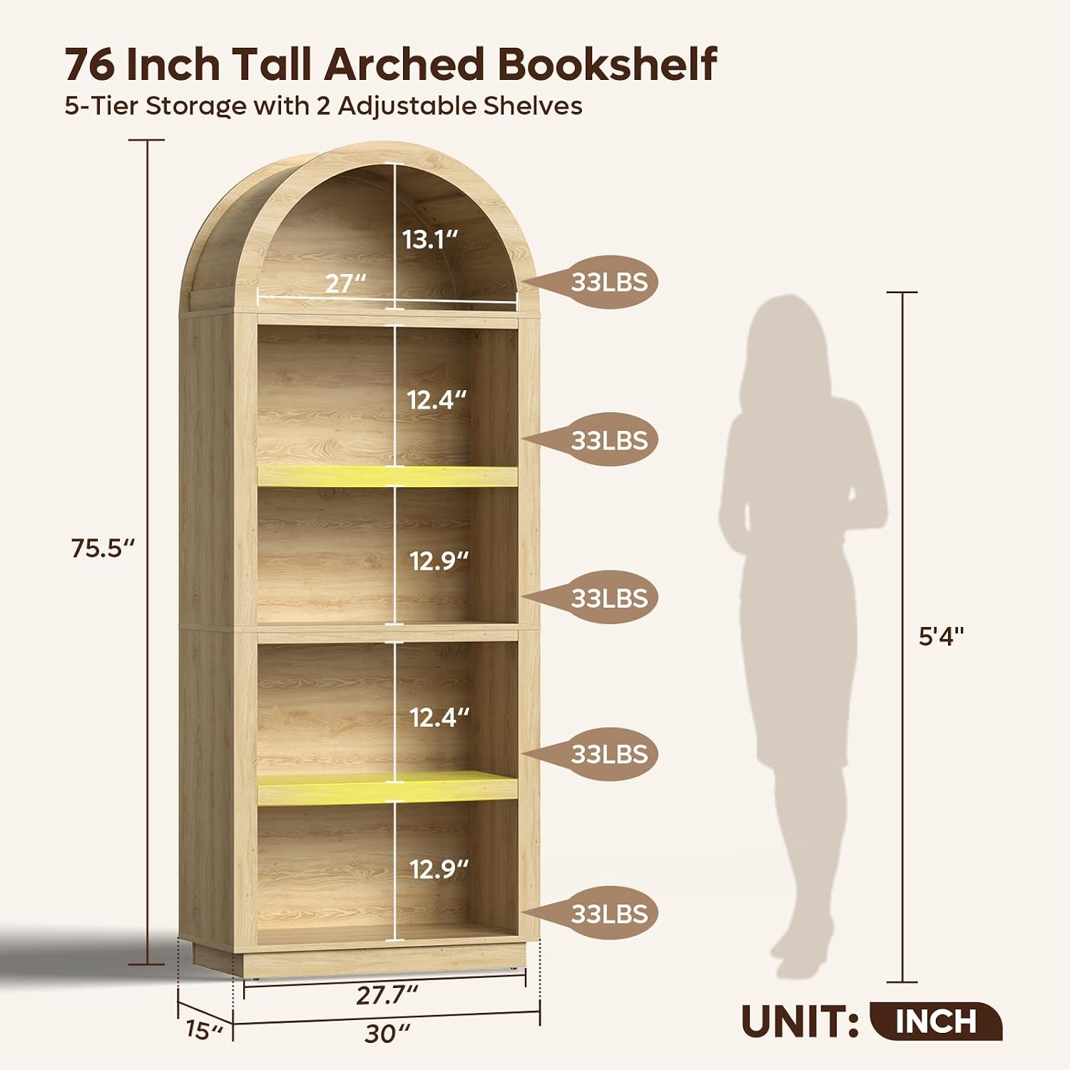 Bestier 76インチ高さのアーチ型本棚、2段調節可能な - Bookcase Wood Shelf のレビューと価格