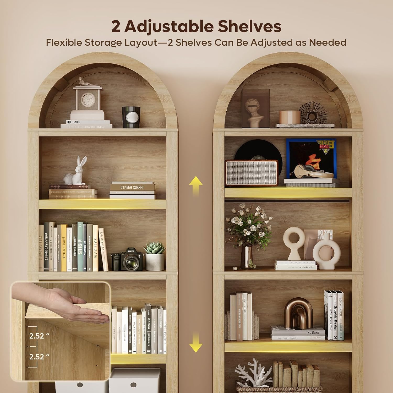 Bestier 76インチ高さのアーチ型本棚、2段調節可能な - Bookcase Wood Shelf のレビューと価格