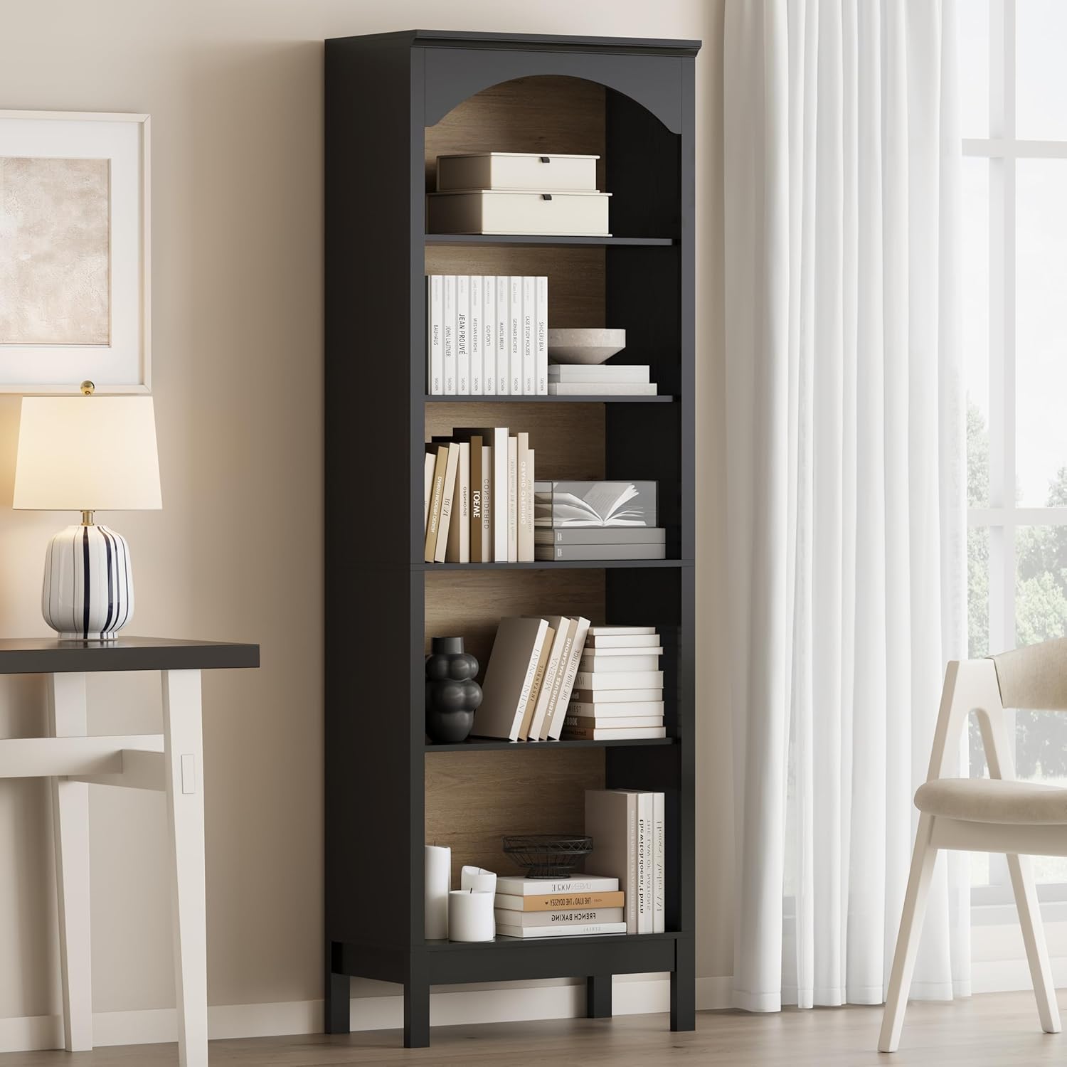 アーチ型の本棚、5段オープン棚、高さ71インチの木製本棚、調 - Bookcase Wood Shelf のレビューと価格