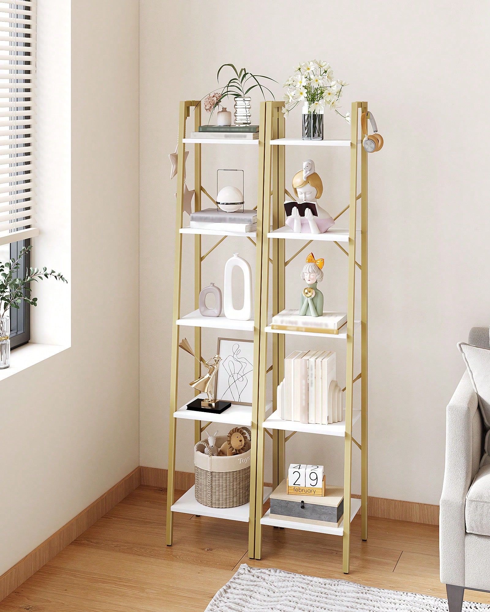 5段ラダーシェルフ モダン グラム ホワイトゴールド ブック - Bookcase Wood Shelf のレビューと価格
