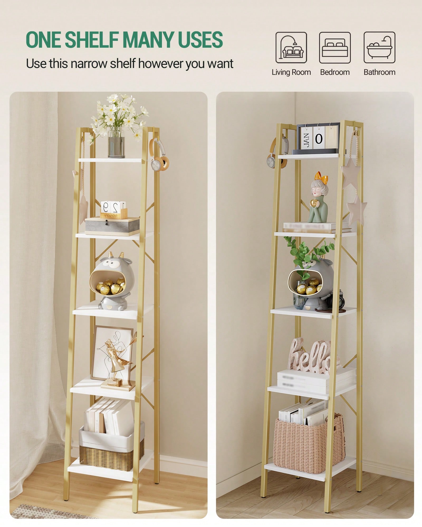 5段ラダーシェルフ モダン グラム ホワイトゴールド ブック - Bookcase Wood Shelf のレビューと価格